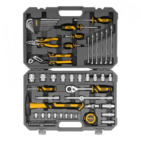 Набор инструментов, 1/2", 1/4", CrV, S2, пластиковый кейс, 64 предмета// Denzel