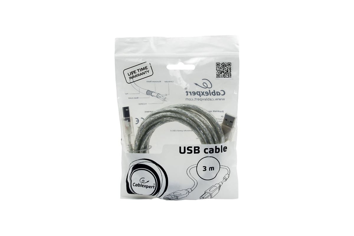 Кабель USB 2.0 AB (m-m) 3м Pro экран, феррит.кольца, прозрачный CCF-USB2-AMBM-TR-10 Cablexpert