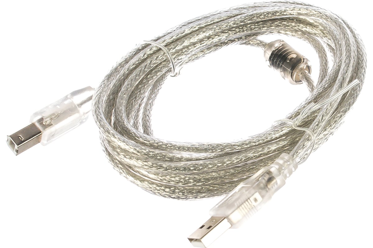 Кабель USB 2.0 AB (m-m) 3м Pro экран, феррит.кольца, прозрачный CCF-USB2-AMBM-TR-10 Cablexpert