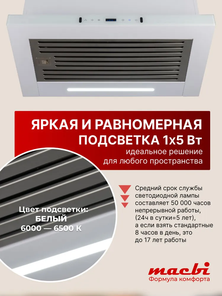 Кухонная вытяжка Macbi Perfa-60G-Baf, белый, 1200м3/ч; управление жестами