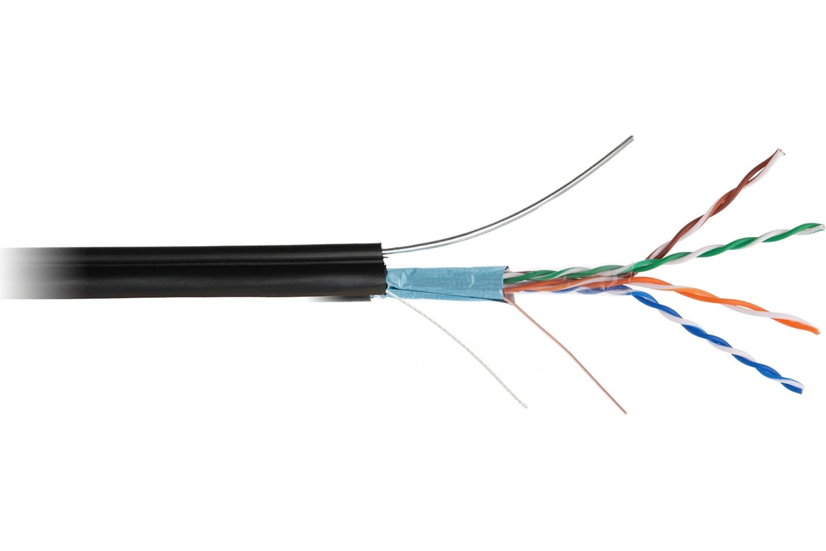 Кабель FTP 5E кат NETLAN 4 пары. внешний, однож. с тросом PE-40 (305м), черный EC-UF004-5E-PE-SW-BK