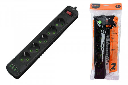 Amper сетевой удлинитель, 4,0м, 5 розеток, 10А, 2500 Вт, 3usb, белый.