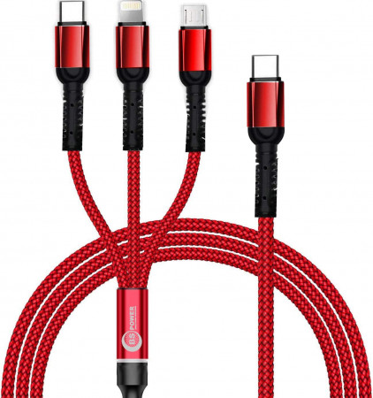 Кабель Breaking Nylon 3 в 1 Lightning/MicroUSB/Type-C, 3.0A, 1.2 м, красный