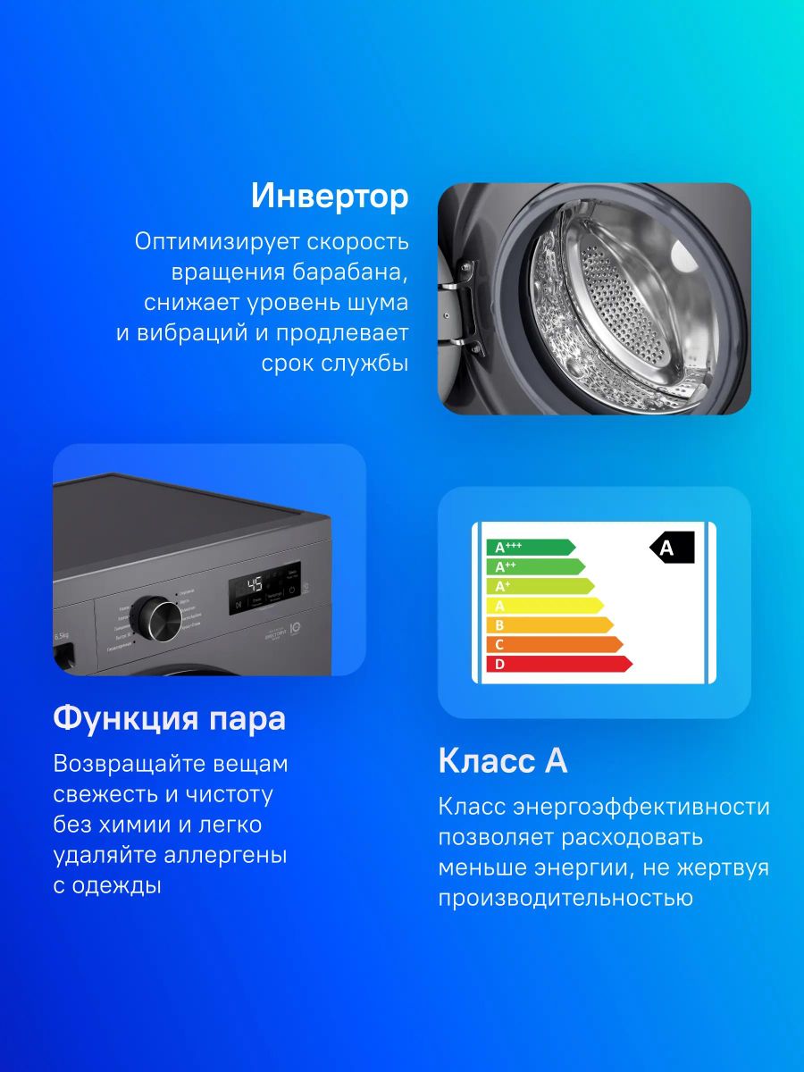 Стиральная машина LG F2Y1WS6J, 6.5кг, темно-серый, 1200об/мин, инверторная, с паром (П)